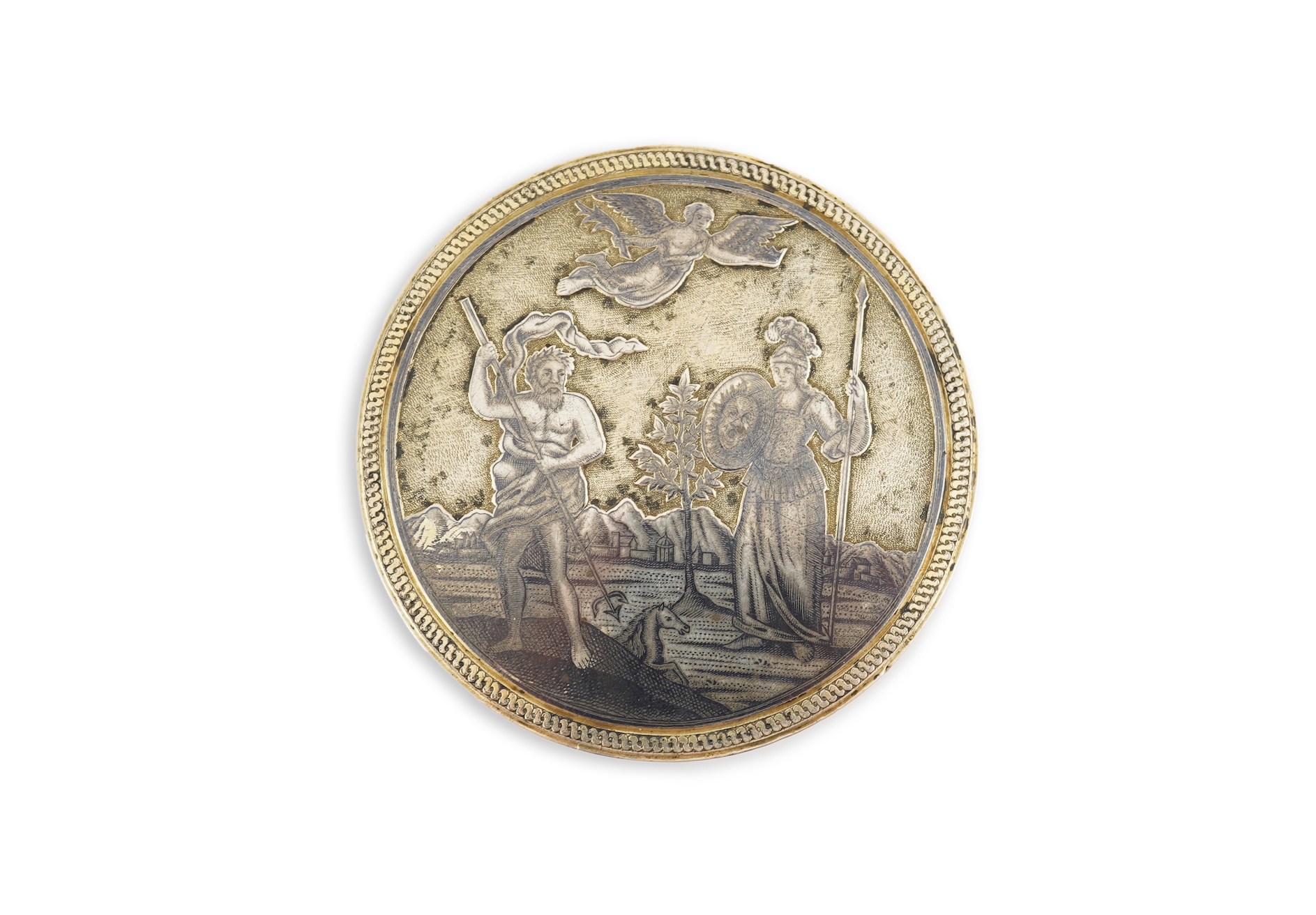 An early 19th century Russian 84 zolotnik and niello circular box and cover, assay master probably Alexei Torlov, Veliki Oustioug, 180?